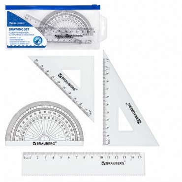 Набор чертежный малый BRAUBERG (линейка 15 см, 2 угольника, транспортир), конверт на молнии, 210306