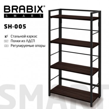 Стеллаж BRABIX "Smart SH-005", 605х290х1193 мм, ЛОФТ, прямой, складной, металл/ЛДСП ясень, каркас черный, 641869