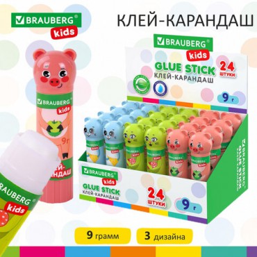 Клей-карандаш "Зверята: кошка, мышка, хрюшка", 9 г, фигурный колпачок, BRAUBERG KIDS, 271138