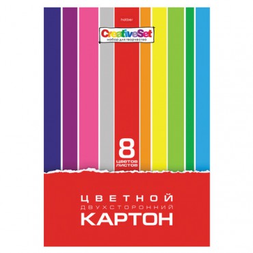 Картон цветной А4 2-сторонний МЕЛОВАННЫЙ, 8 листов, 8 цветов, в папке, HATBER, 195х280 мм, "Creative Set", 8Кц4, 8Кц4_05934